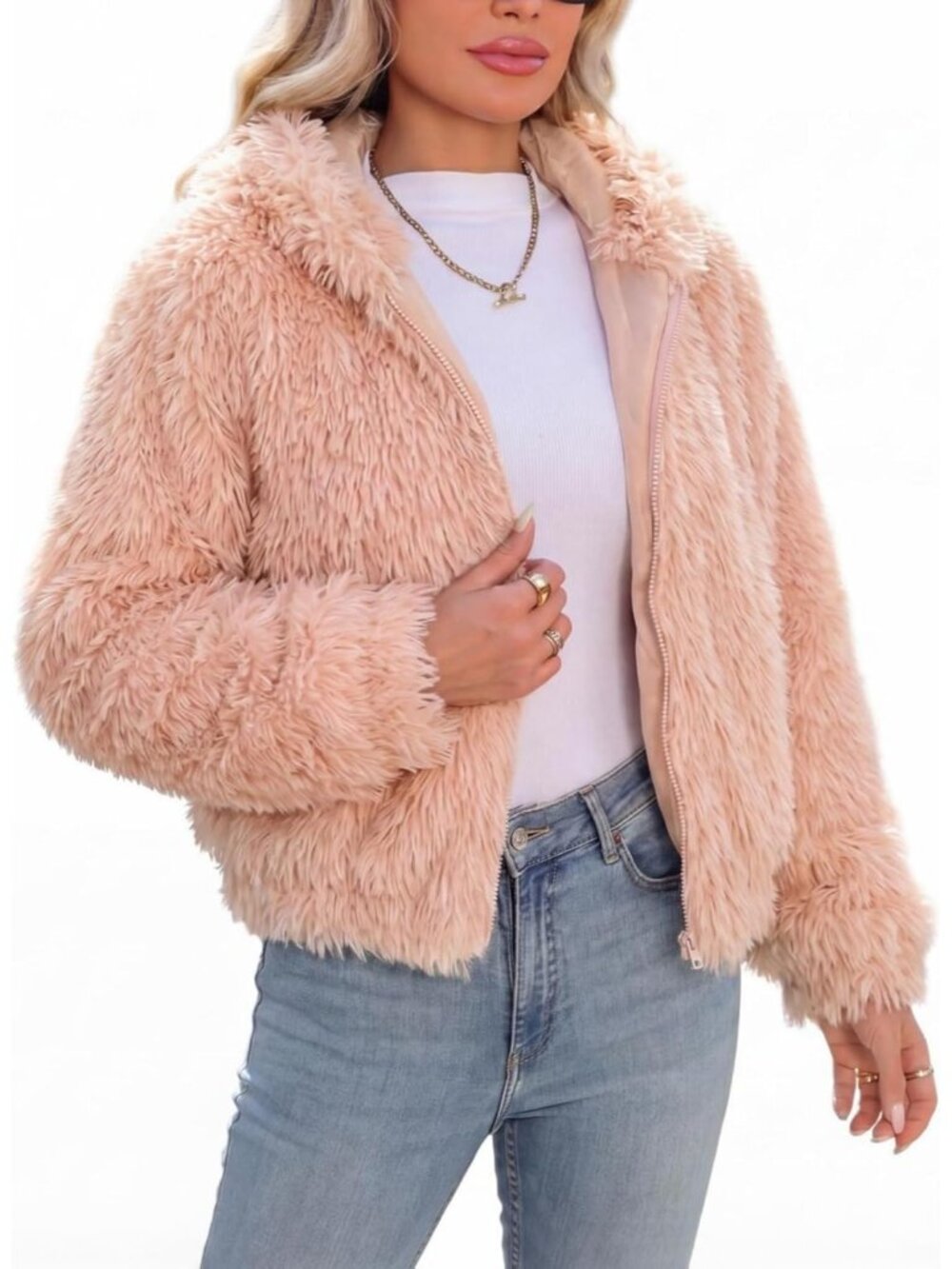 Womens Apricot High Spread Collar Hood Long Sleeve Full Zip Winter Fleece Jacket
